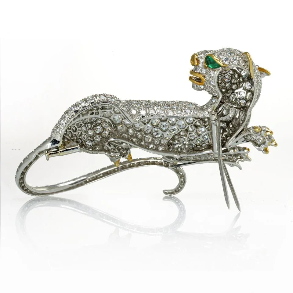 David Webb Panthere Platinum & 18K White Gold 19.27 CTTW Diamond Brooch — view 4 — Laura Milman New York