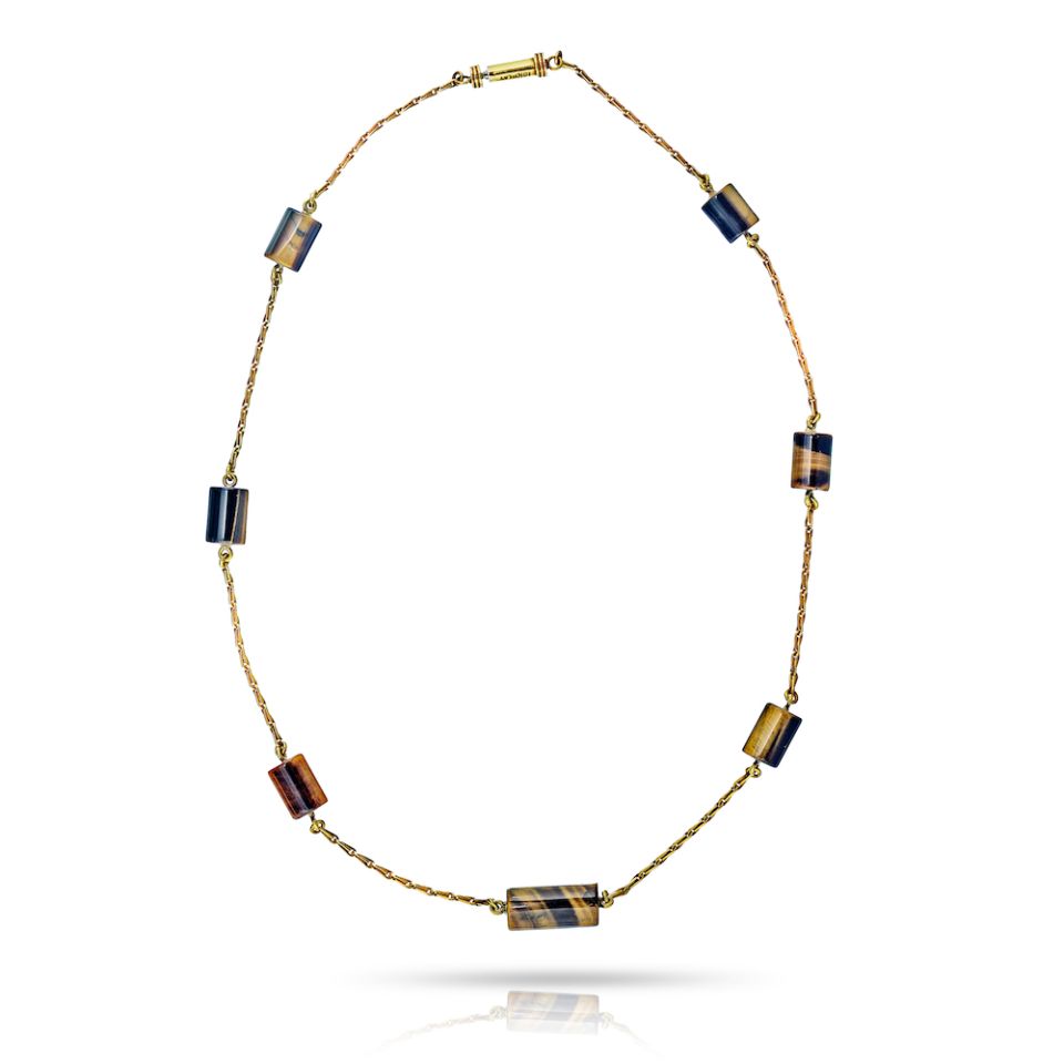 David Webb Tiger Eye Platinum & 18K Yellow Gold Tiger Eye Station Chain Circa 1970 Necklace — Laura Milman New York