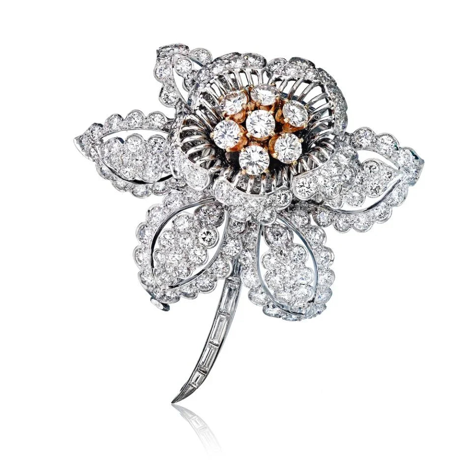 David Webb Flower Platinum & 18K Yellow Gold 12.50 Carats Enteremblant Diamond Brooch — Laura Milman New York
