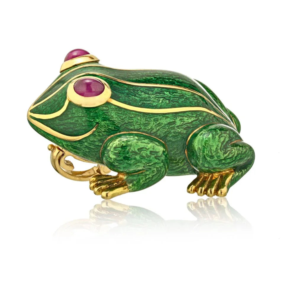 David Webb Kingdom 18K Yellow Gold Green Enamel Frog Pendant — Laura Milman New York