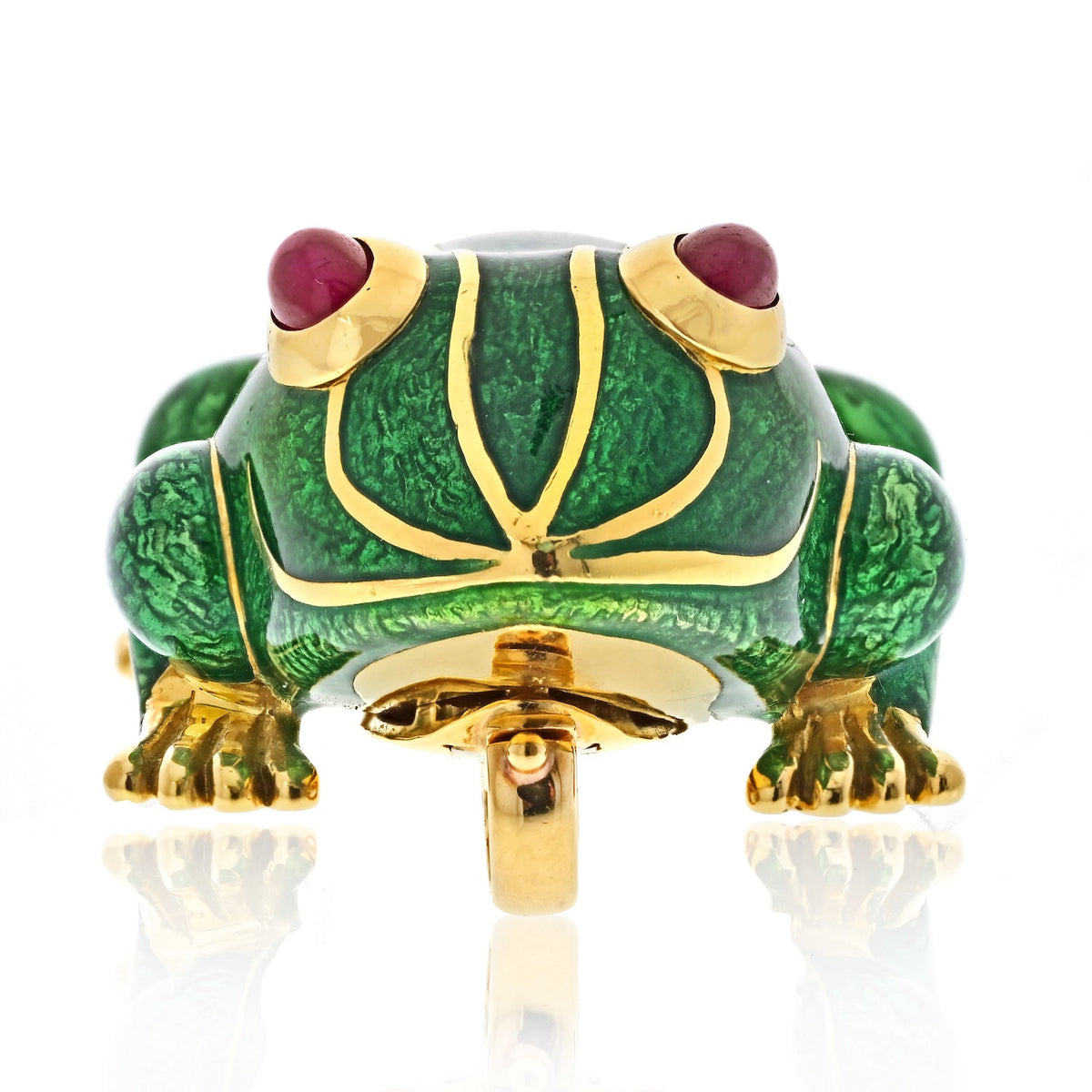 David Webb Kingdom 18K Yellow Gold Green Enamel Frog Pendant — view 2 — Laura Milman New York