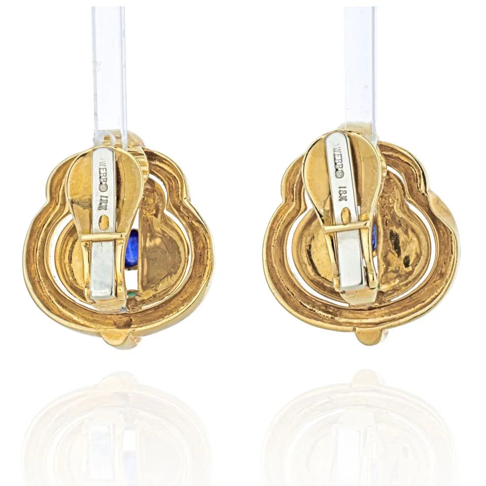 David Webb Circa 1970's Platinum & 18K Yellow Gold Ruby, Emerald, Sapphire Earrings — view 4 — Laura Milman New York