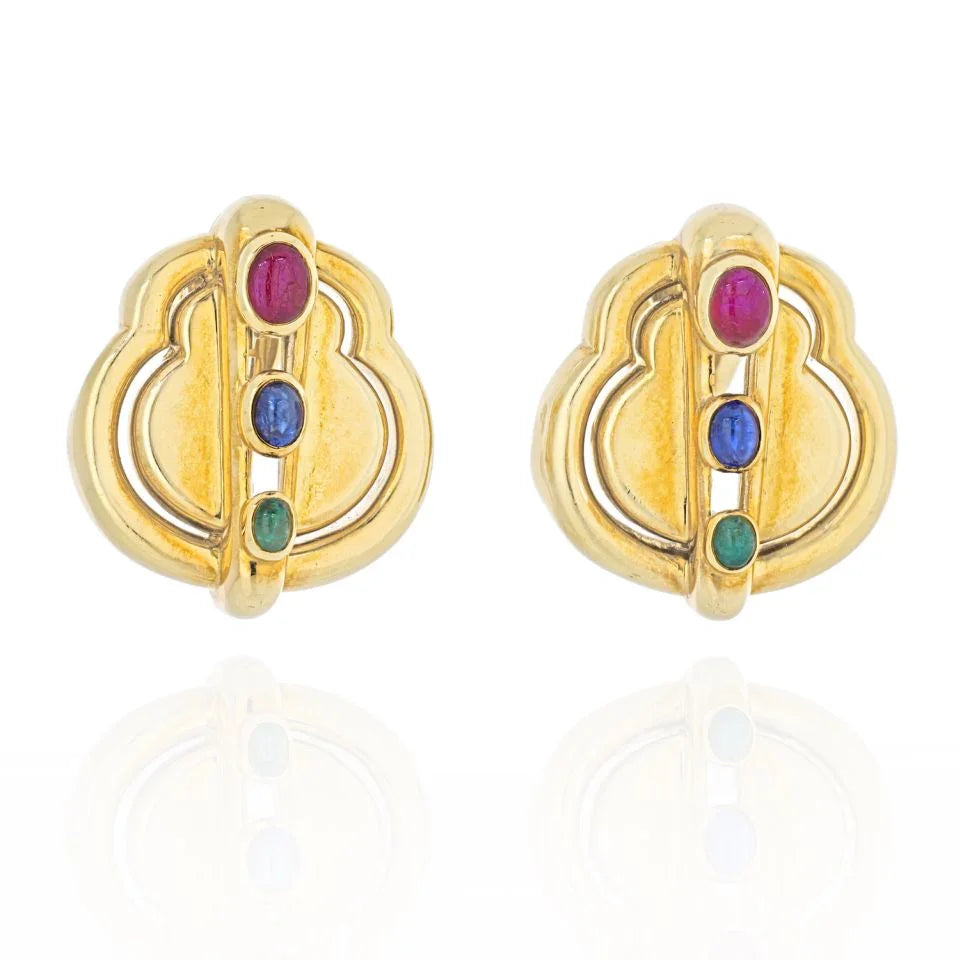 David Webb Circa 1970's Platinum & 18K Yellow Gold Ruby, Emerald, Sapphire Earrings — view 5 — Laura Milman New York