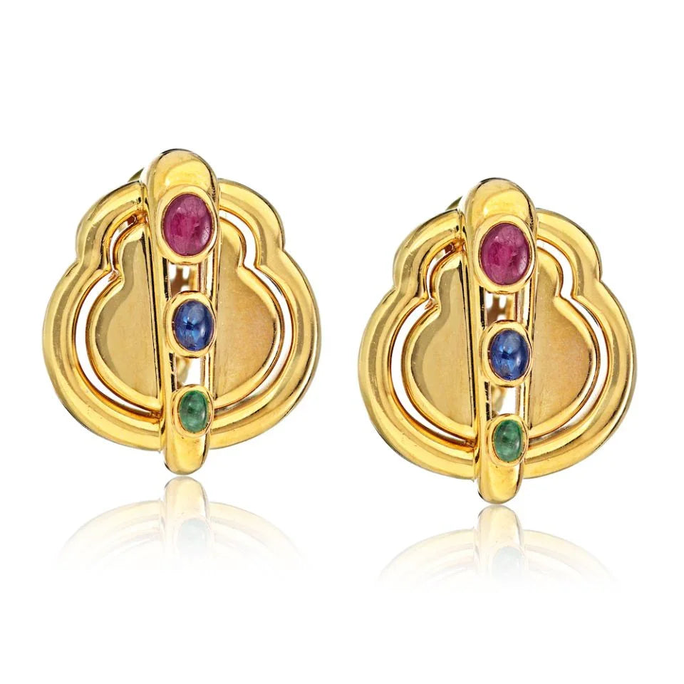 David Webb Circa 1970's Platinum & 18K Yellow Gold Ruby, Emerald, Sapphire Earrings — Laura Milman New York