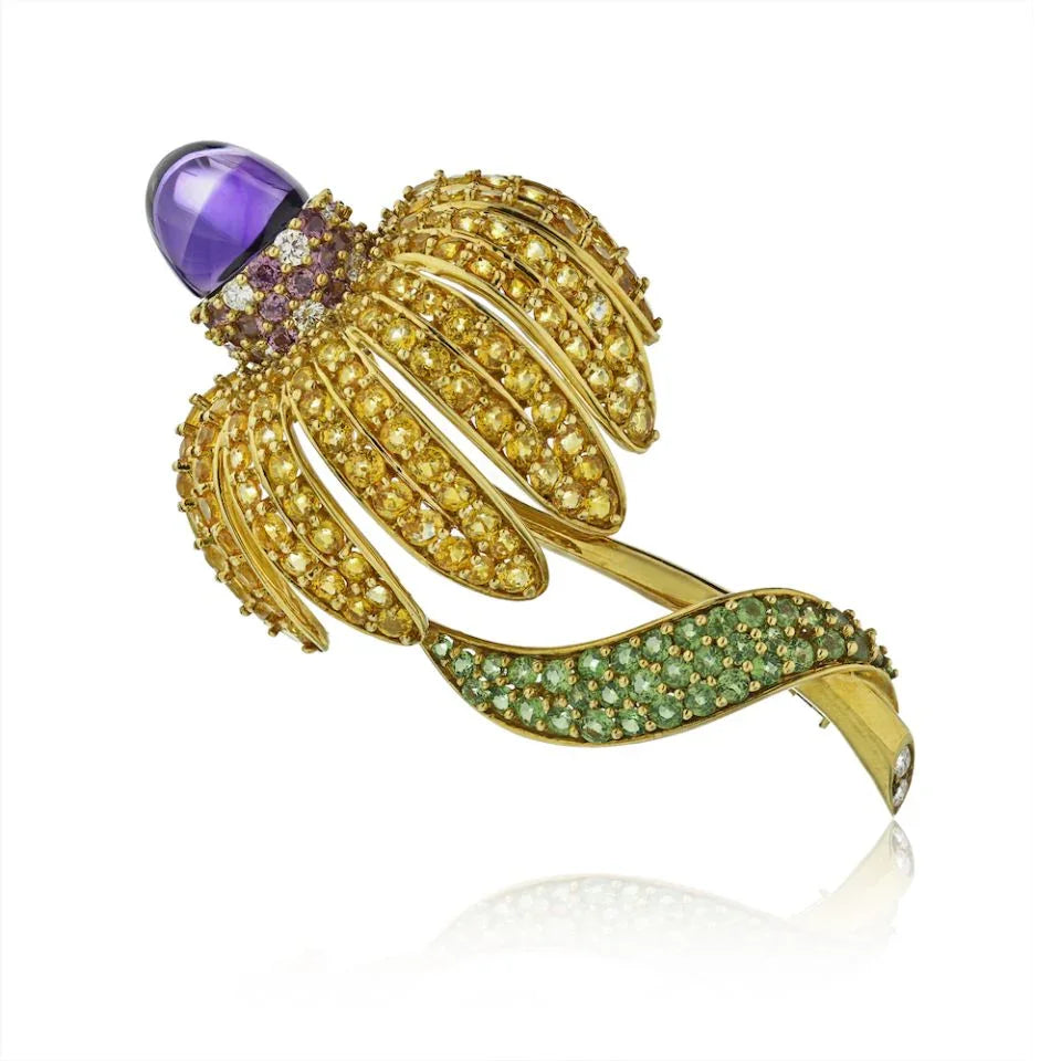 Tiffany & Co. Circa 1990 18K Yellow Gold Yellow Sapphire Amethyst Tsavorite & Diamond Earrings & Brooch Jewelry Set — view 2 — Laura Milman New York