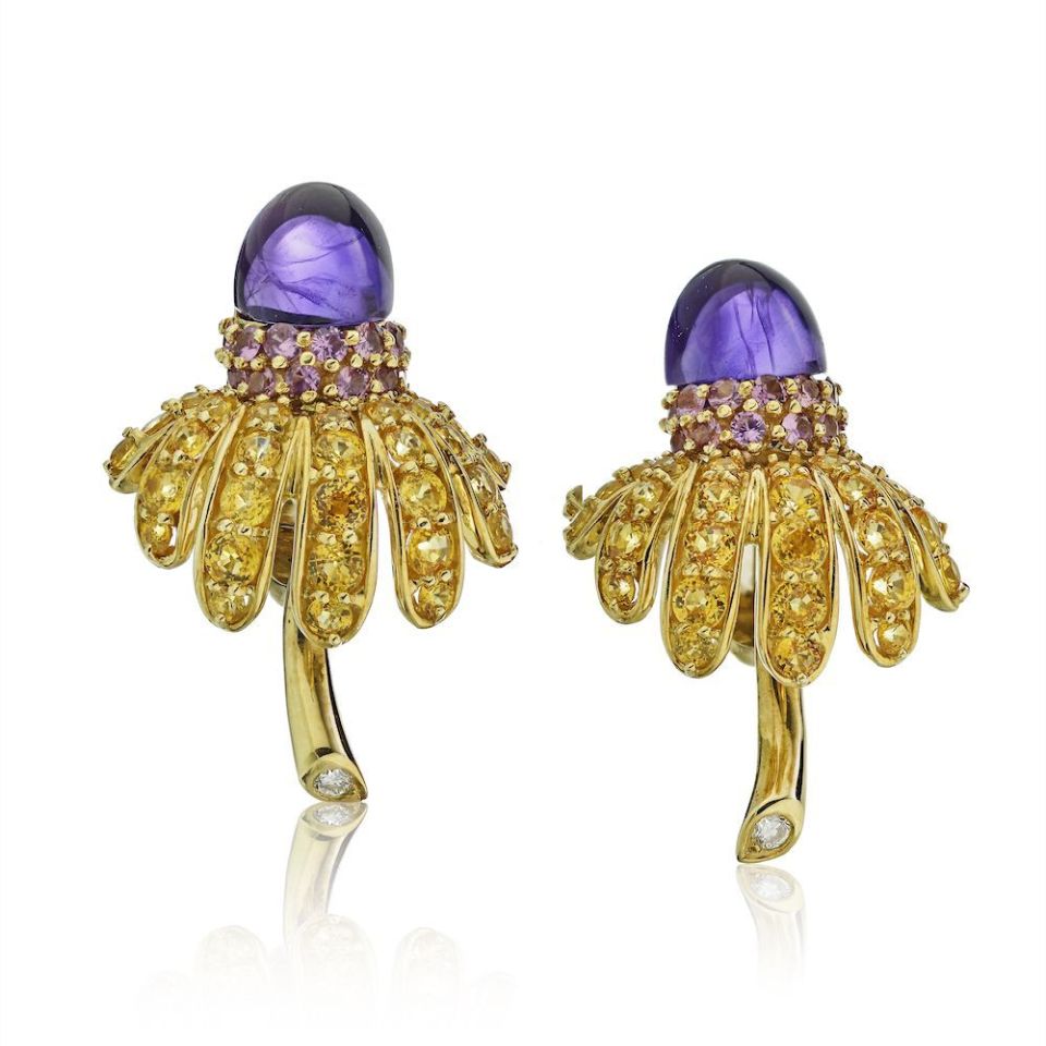 Tiffany 1993 18K Gold Sapphire Amethyst Diamond Earrings Brooch