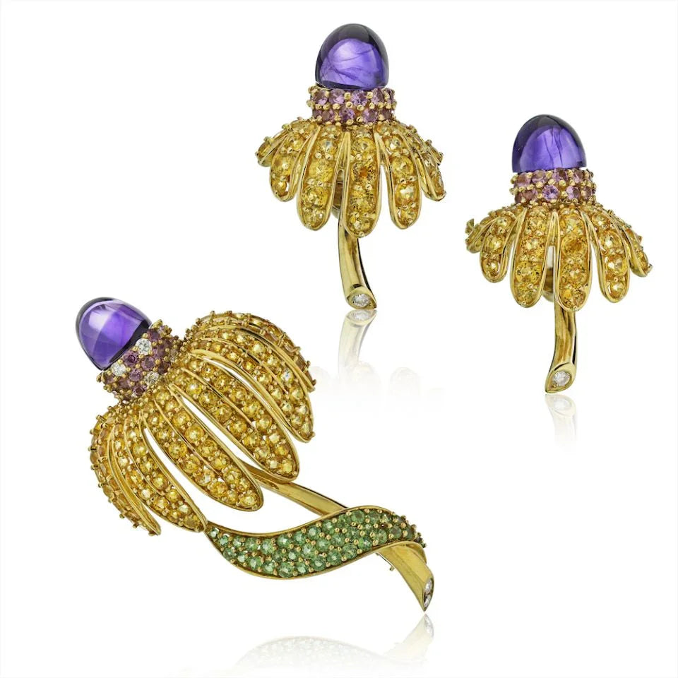 Tiffany & Co. Circa 1990 18K Yellow Gold Yellow Sapphire Amethyst Tsavorite & Diamond Earrings & Brooch Jewelry Set — Laura Milman New York