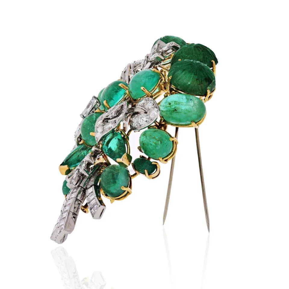 David Webb Platinum & 18K Yellow Gold Green Emeralds & Diamonds, Brooch — view 2 — Laura Milman New York