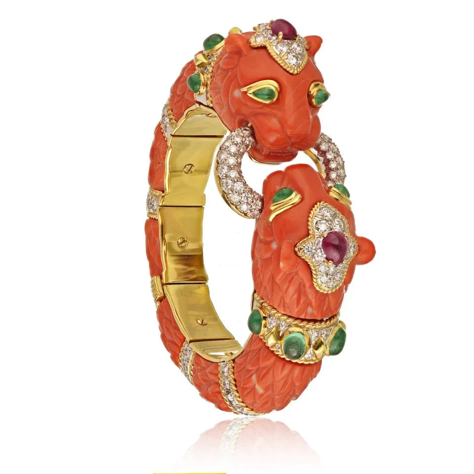 David Webb Platinum & 18K Yellow Gold Carved Coral Bangle Bracelet — Laura Milman New York