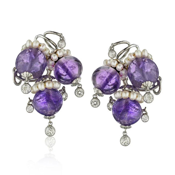 Pre-Owned Seaman Schepps Circa 1950's 14K White Gold Amethyst, Diamond and Pearl Earrings - Seaman Schepps Earrings