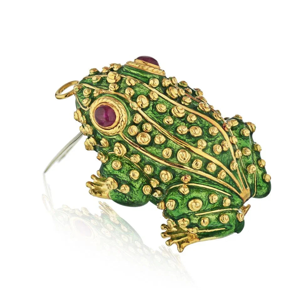 David Webb Kingdom Platinum & 18K Yellow Gold Green Enamel Frog Brooch — Laura Milman New York