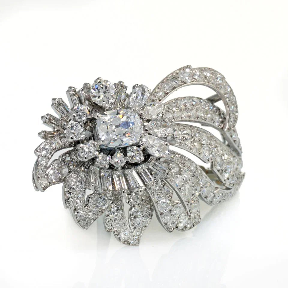 Cartier 1950's Platinum Foliate Design With Center Cushion Cut Diamond 1.35 E/vs2 GIA Brooch — view 2 — Laura Milman New York