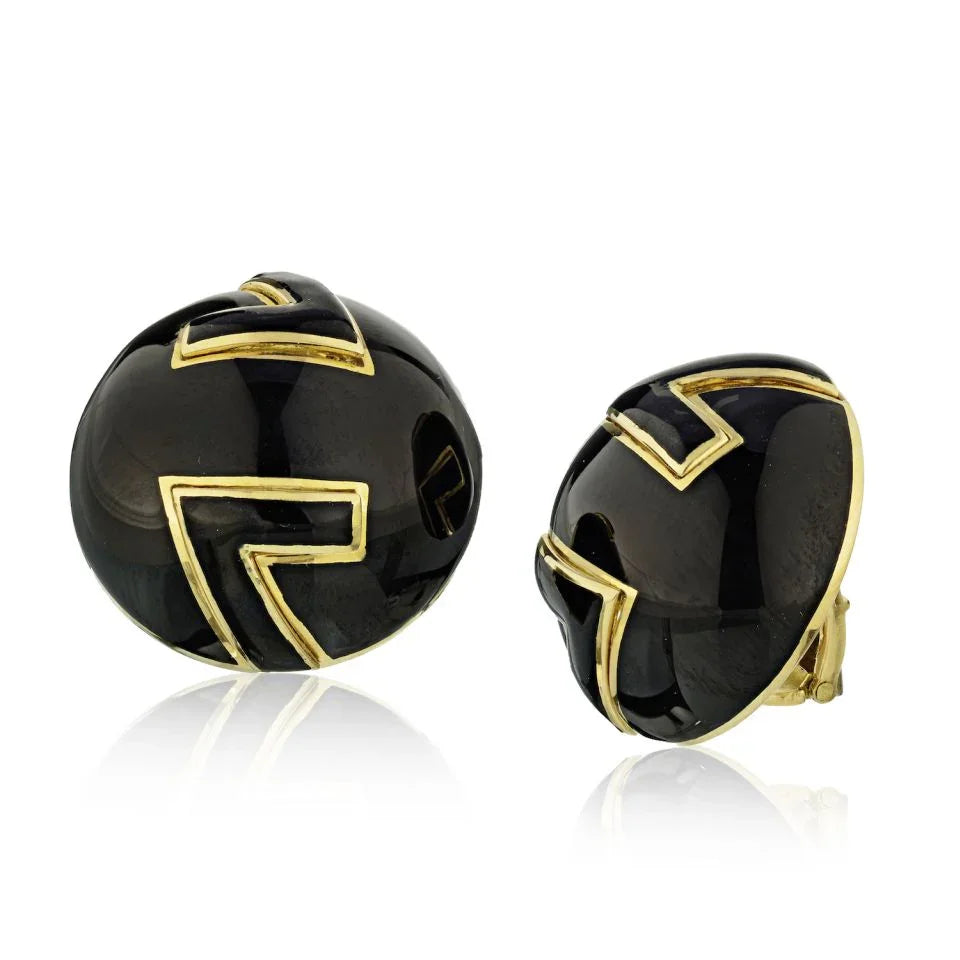 David Webb Platinum & 18K Yellow Gold Black Enamel Clip-On Earrings — Laura Milman New York