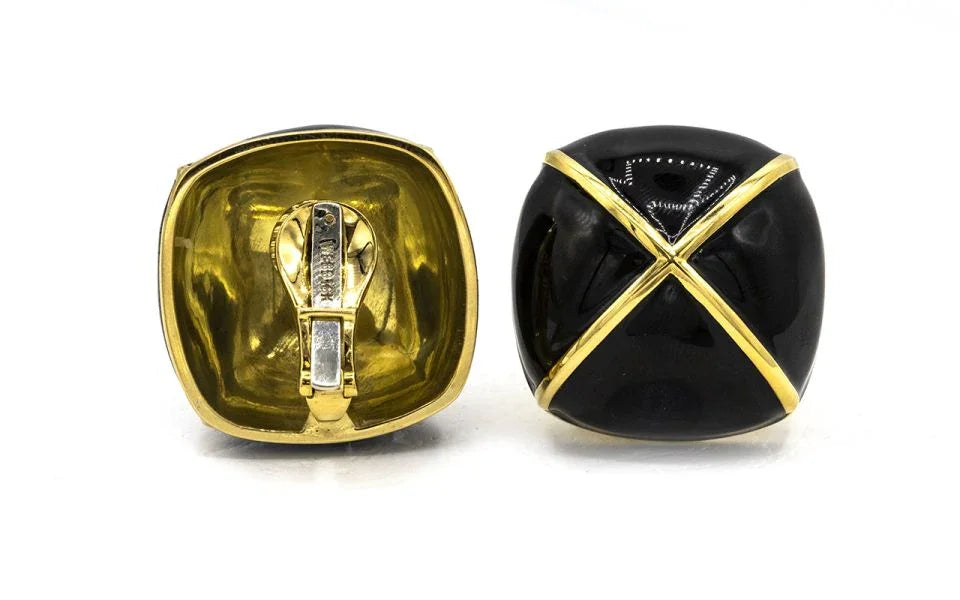 David Webb Platinum & 18K Yellow Gold Black Enamel Large Square Cushion Shape Clip-On Earrings — view 3 — Laura Milman New York