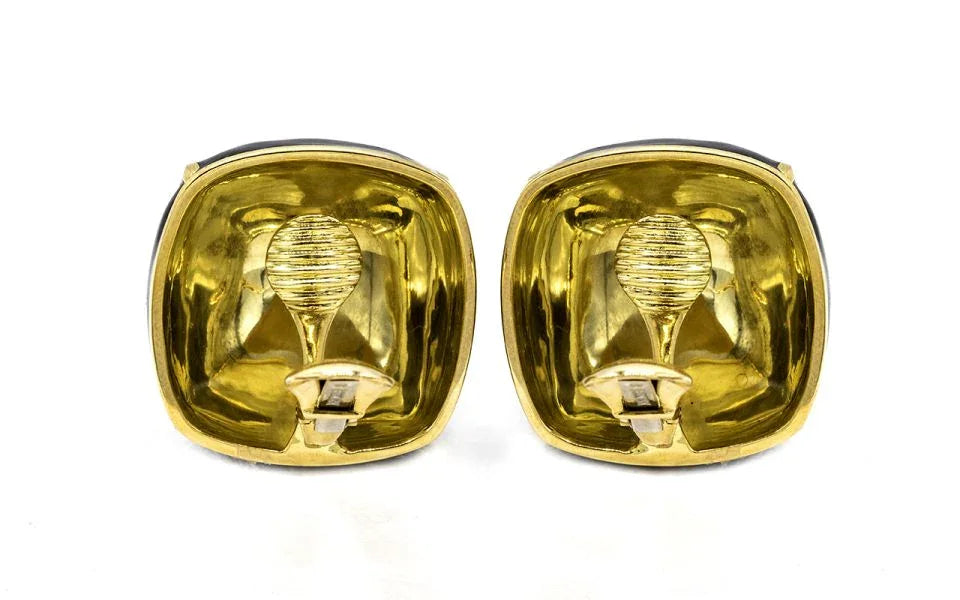 David Webb Platinum & 18K Yellow Gold Black Enamel Large Square Cushion Shape Clip-On Earrings — view 5 — Laura Milman New York