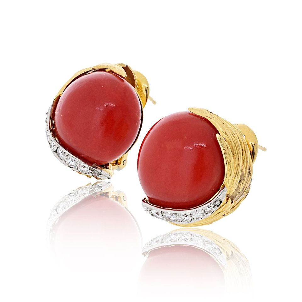 David Webb Platinum & 18K Yellow Gold Domed Coral Diamond Earrings — view 2 — Laura Milman New York