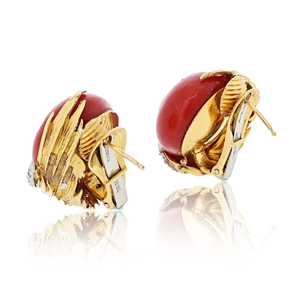 David Webb Platinum & 18K Yellow Gold Domed Coral Diamond Earrings — view 3 — Laura Milman New York