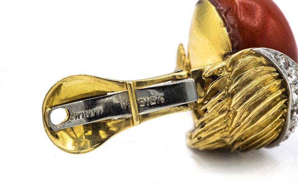David Webb Platinum & 18K Yellow Gold Domed Coral Diamond Earrings — view 5 — Laura Milman New York