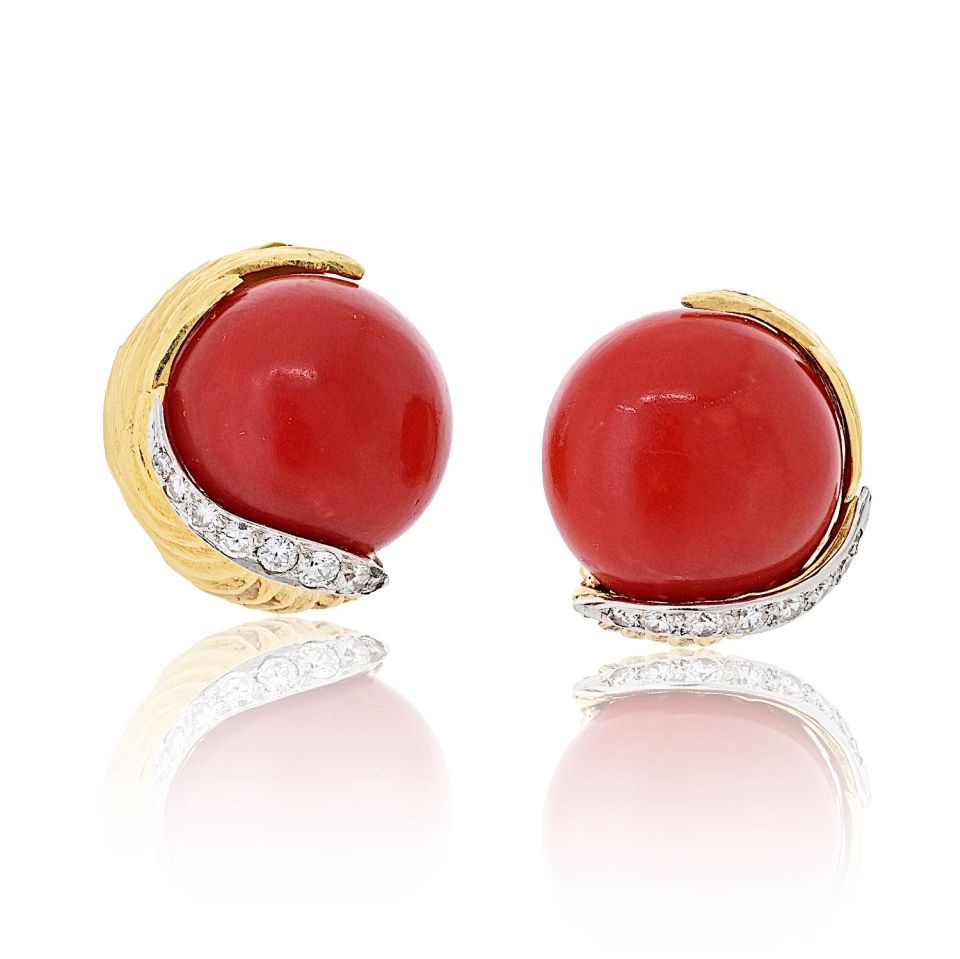David Webb Platinum & 18K Yellow Gold Domed Coral Diamond Earrings — Laura Milman New York