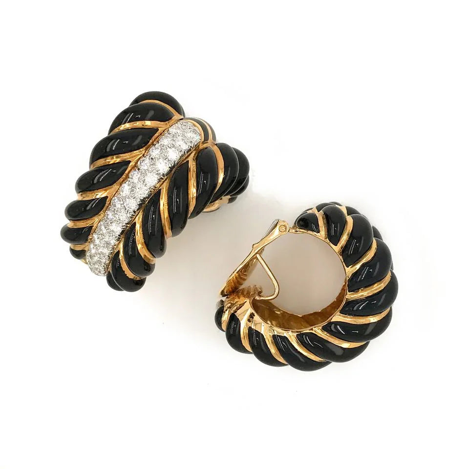 David Webb Platinum & 18K Yellow Gold Black Enamel Diamond Bombe Shrimp Earrings — view 3 — Laura Milman New York