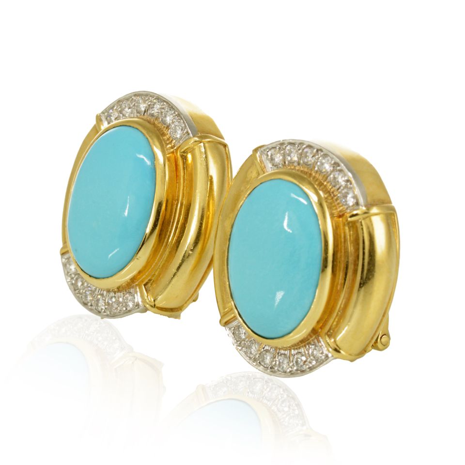 David Webb Platinum & 18K Yellow Gold Oval Shaped Blue Turquoise Diamond Clip-On Earrings — view 2 — Laura Milman New York