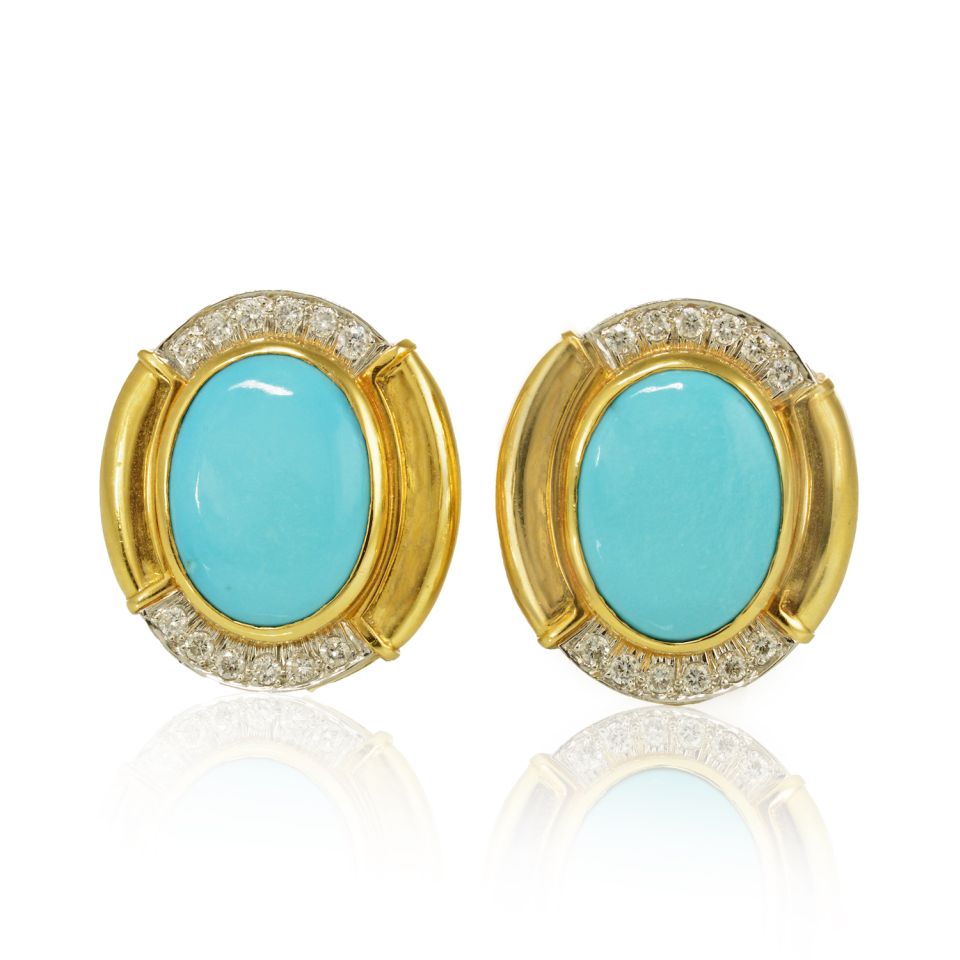 David Webb Platinum & 18K Yellow Gold Oval Shaped Blue Turquoise Diamond Clip-On Earrings — Laura Milman New York