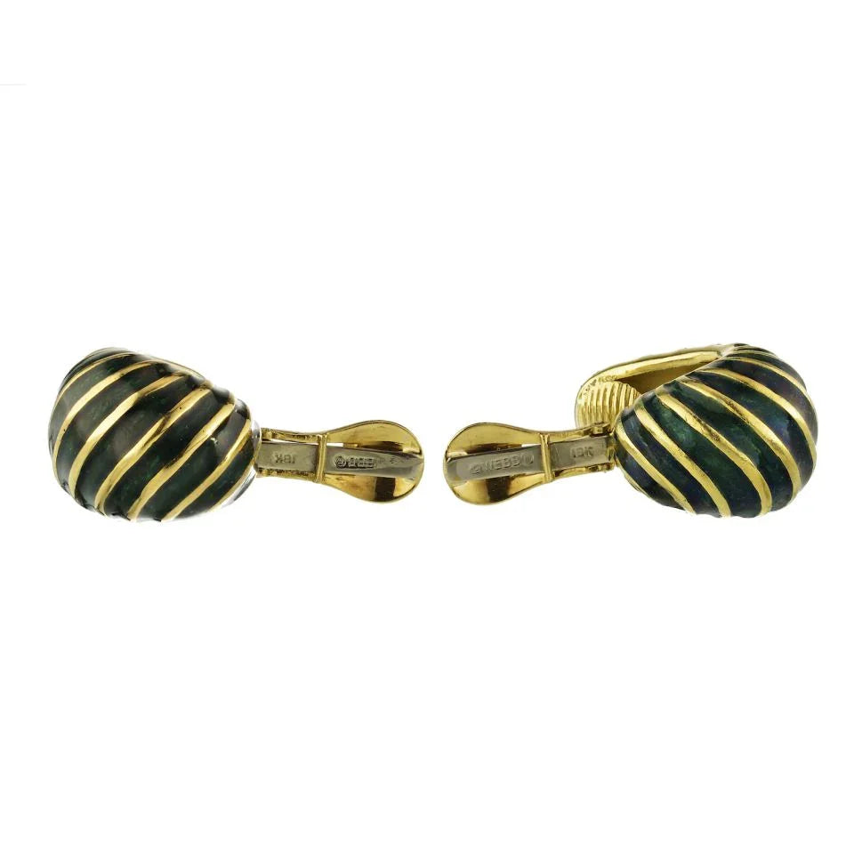 David Webb Platinum & 18K Yellow Gold Green Enamel Shrimp Clip-On Earrings — view 4 — Laura Milman New York