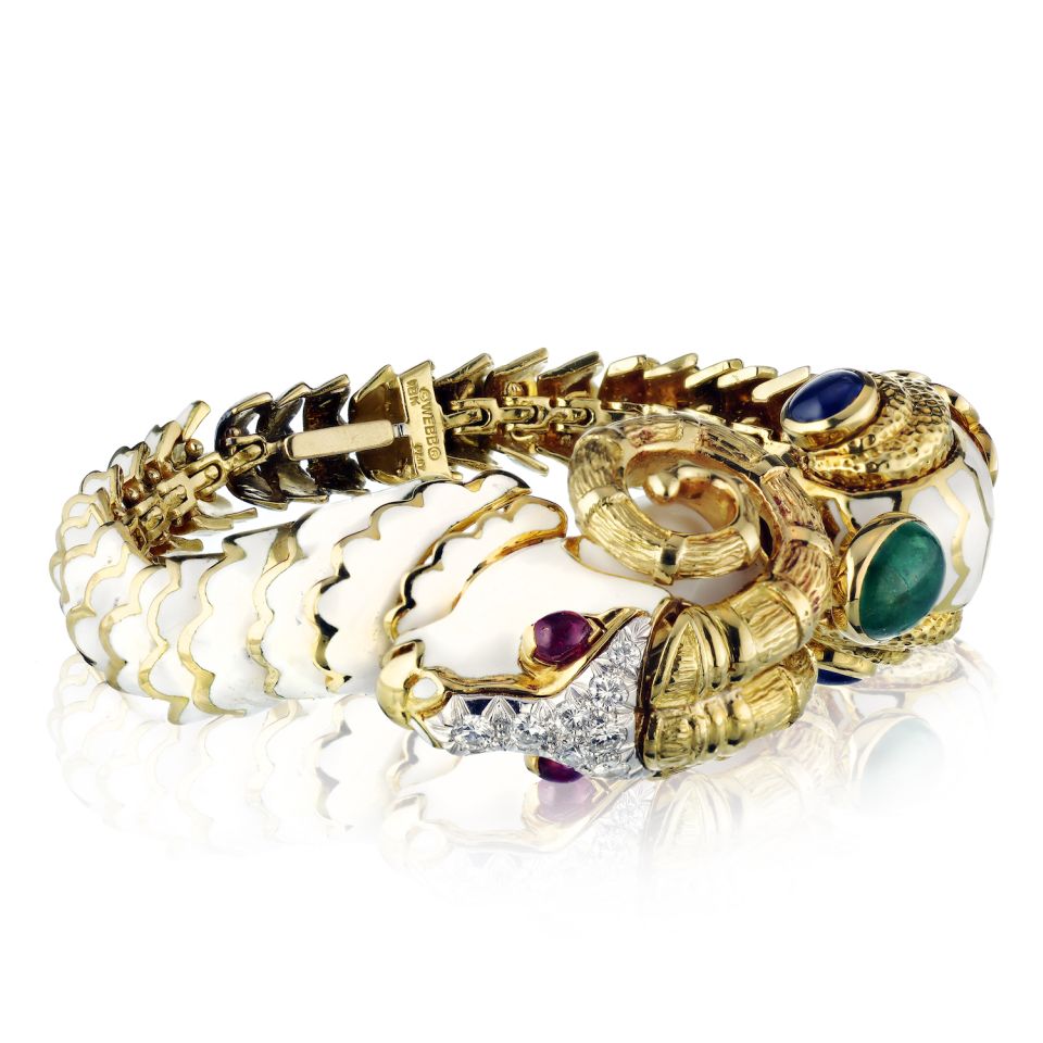 David Webb Kingdom Platinum & 18K Yellow Gold White Enamel Aries Ram Bracelet — view 2 — Laura Milman New York