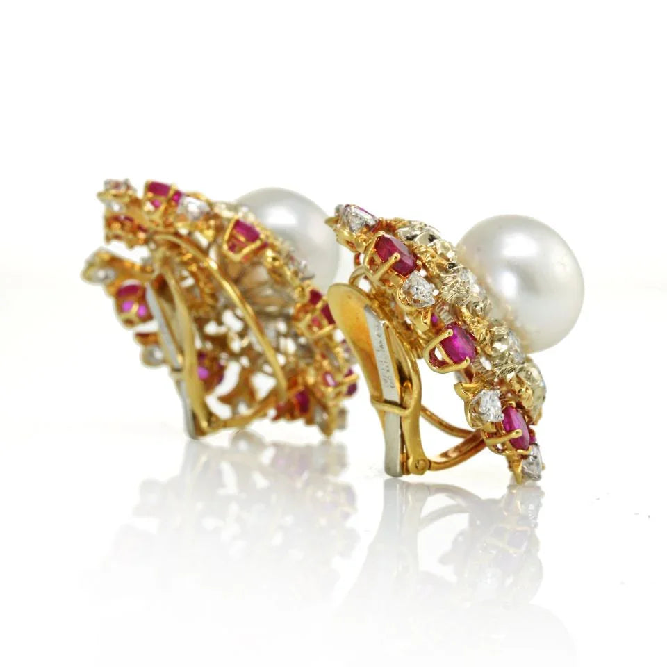 David Webb Platinum Pearl, Diamond & Ruby Earrings — view 3 — Laura Milman New York
