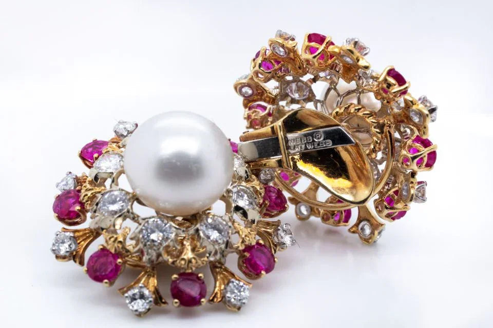 David Webb Platinum Pearl, Diamond & Ruby Earrings — view 5 — Laura Milman New York