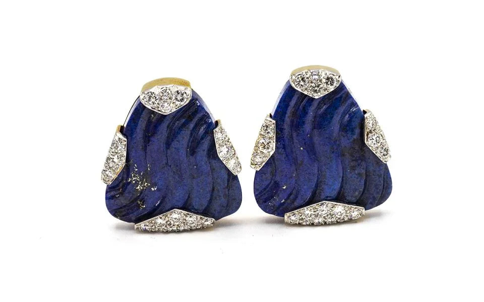 David Webb 1970's Platinum & 18K Yellow Gold 2.75 Carat Large Lapis Lazuli Earrings — view 2 — Laura Milman New York