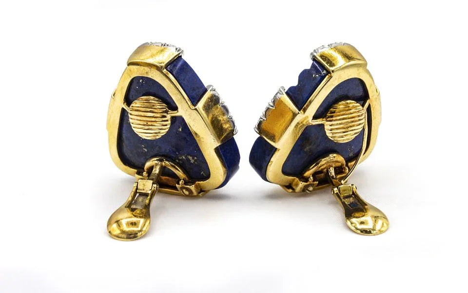 David Webb 1970's Platinum & 18K Yellow Gold 2.75 Carat Large Lapis Lazuli Earrings — view 5 — Laura Milman New York