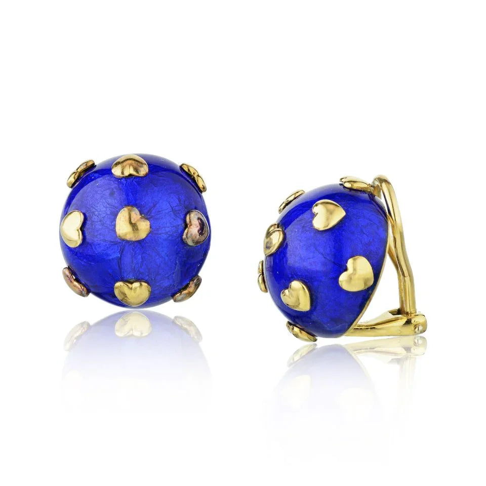 Tiffany & Co. Schlumberger 18K Yellow Gold Blue Enamel Heart Motif Earrings — Laura Milman New York