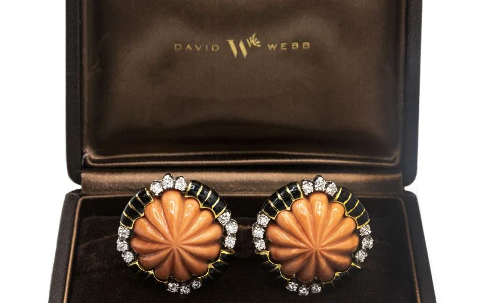 David Webb Coral Platinum & 18K Yellow Gold Black Enamel And Diamond Earrings — view 2 — Laura Milman New York