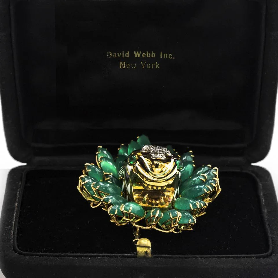 David Webb Kingdom Platinum & 18K Yellow Gold Diamond Tiger Chrysoprase Brooch — view 2 — Laura Milman New York
