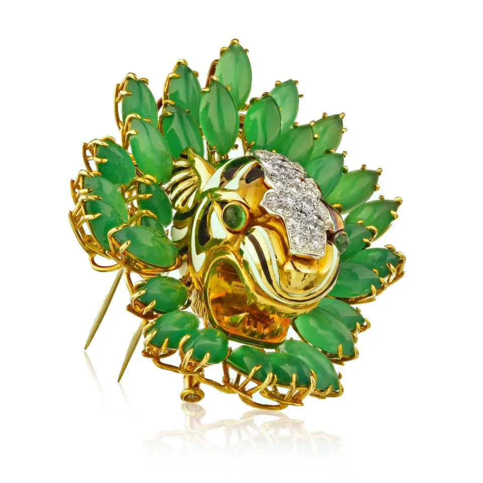David Webb Kingdom Platinum & 18K Yellow Gold Diamond Tiger Chrysoprase Brooch — Laura Milman New York
