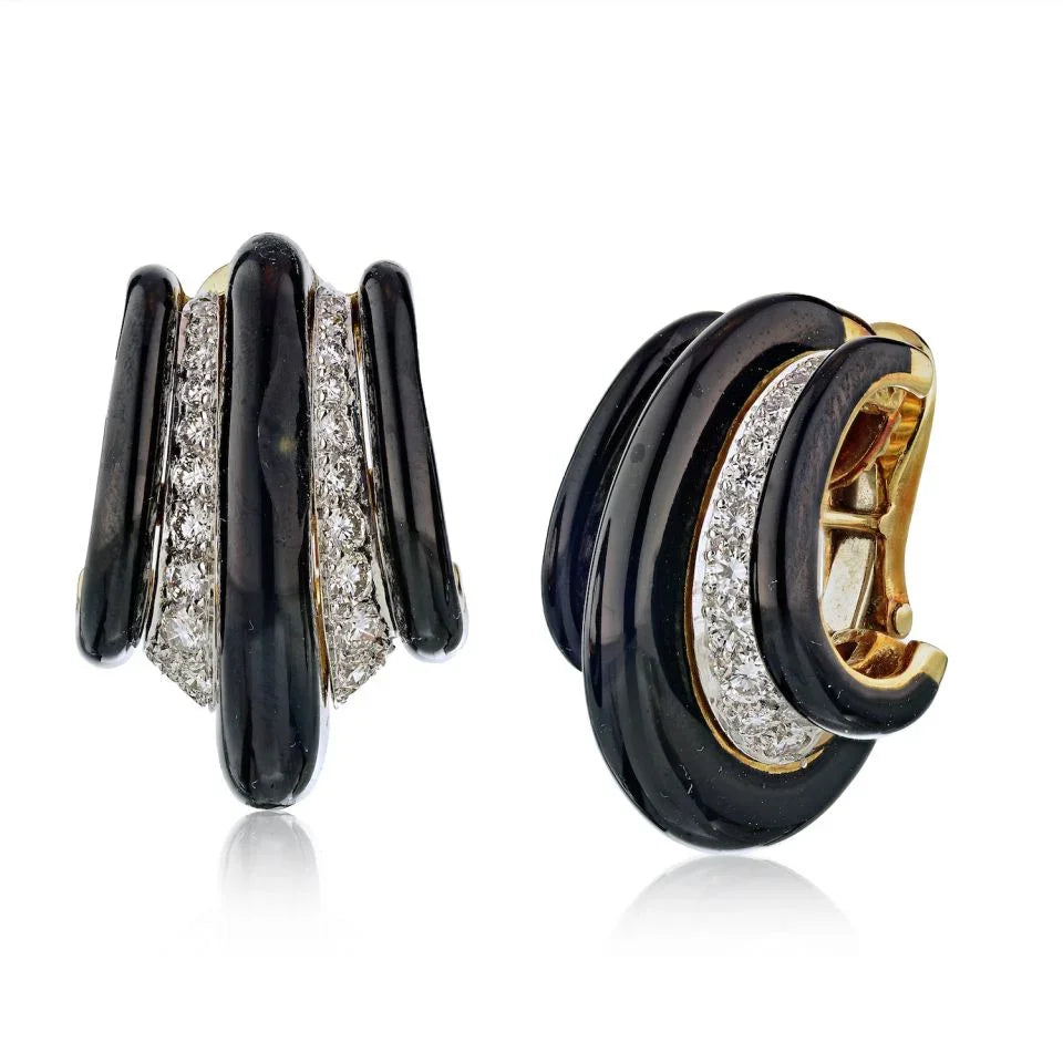 David Webb 1980's Platinum & 18K Yellow Gold Black Enamel Diamond Earrings — Laura Milman New York