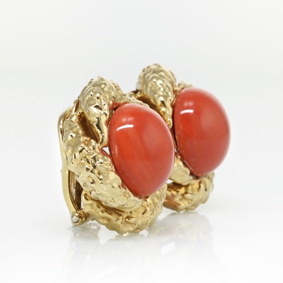David Webb 1970's Platinum & 18K Yellow Gold Round Cabochon Coral Clip-On Earrings — view 2 — Laura Milman New York