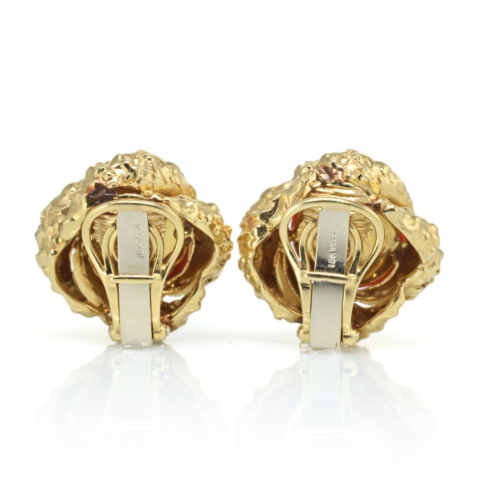 David Webb 1970's Platinum & 18K Yellow Gold Round Cabochon Coral Clip-On Earrings — view 4 — Laura Milman New York