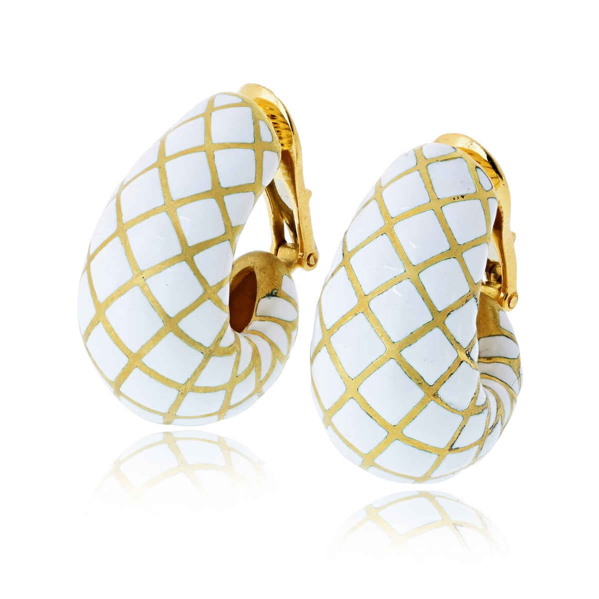 David Webb White Enamel Platinum & 18K Yellow Gold Bombe Gold Checkerboard Clip-On Earrings — view 6 — Laura Milman New York