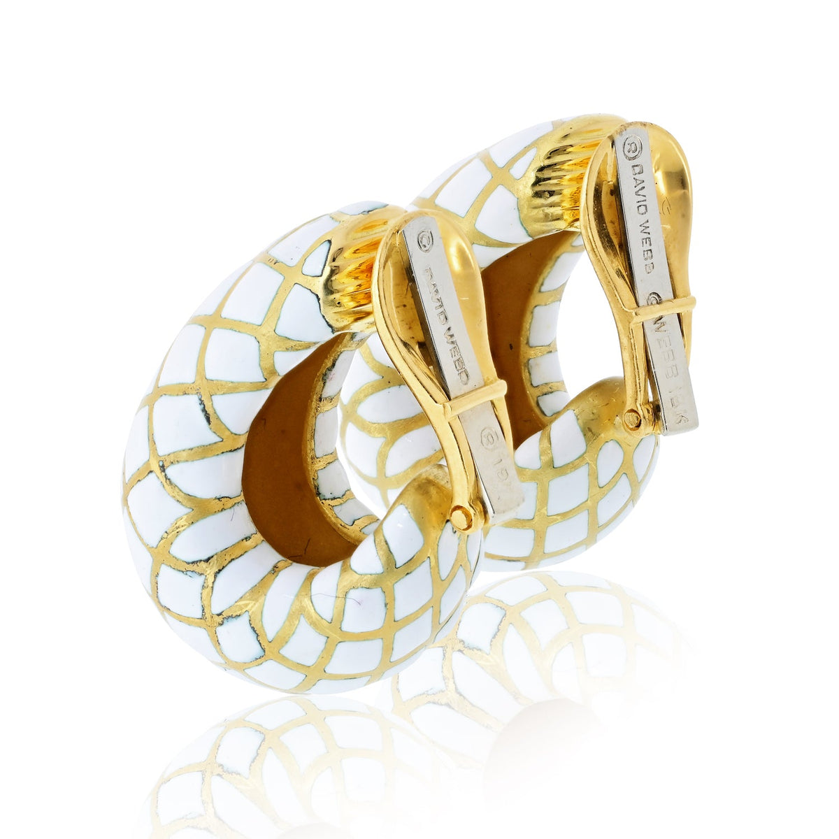David Webb White Enamel Platinum & 18K Yellow Gold Bombe Gold Checkerboard Clip-On Earrings — view 5 — Laura Milman New York
