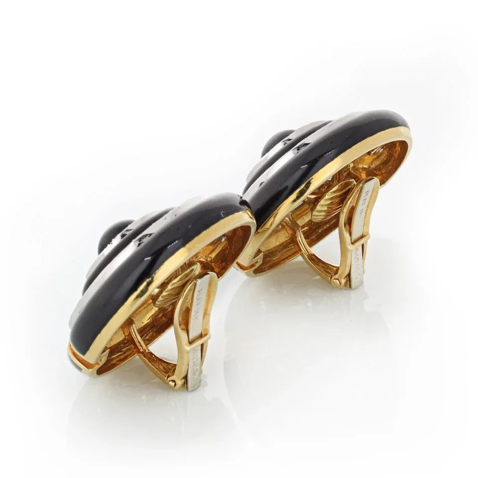 David Webb Black Enamel And Diamond Round Clip-On Earrings — view 3 — Laura Milman New York