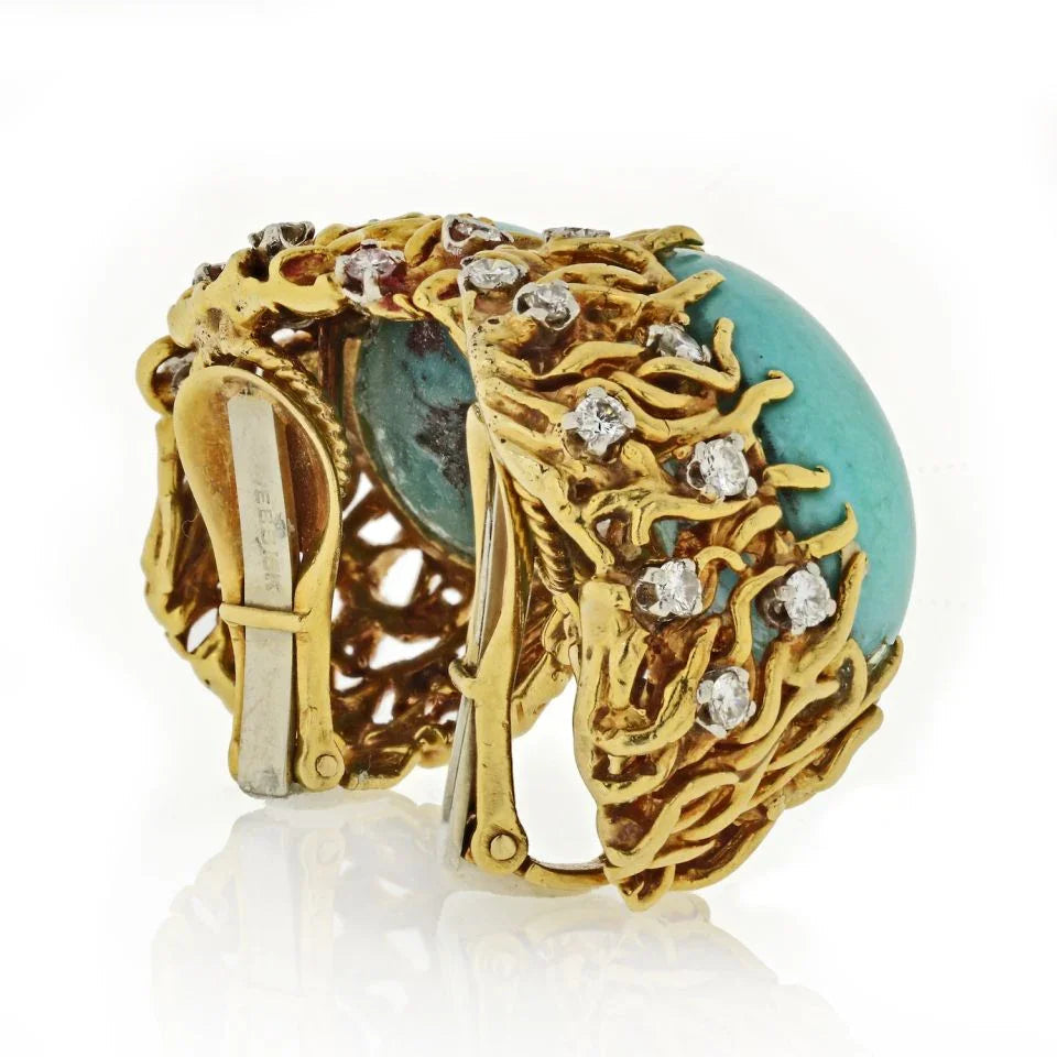 David Webb 18K Yellow Gold Turquoise And Diamond Oval Clip-On Earrings — view 3 — Laura Milman New York