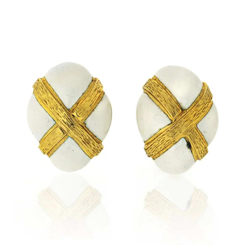 David Webb 18K Yellow Gold Oval White Enamel Earrings — Laura Milman New York
