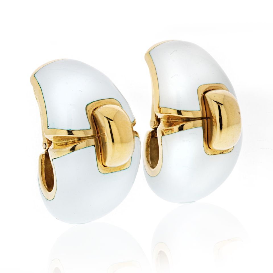 David Webb White Enamel Platinum & 18K Yellow Gold Clip-On Earrings — view 2 — Laura Milman New York