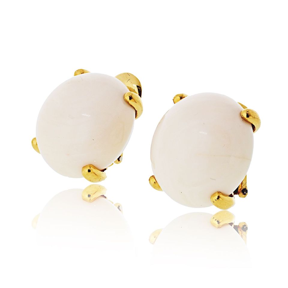 David Webb White Coral 18K Yellow Gold Clip-On Round Earrings — view 2 — Laura Milman New York