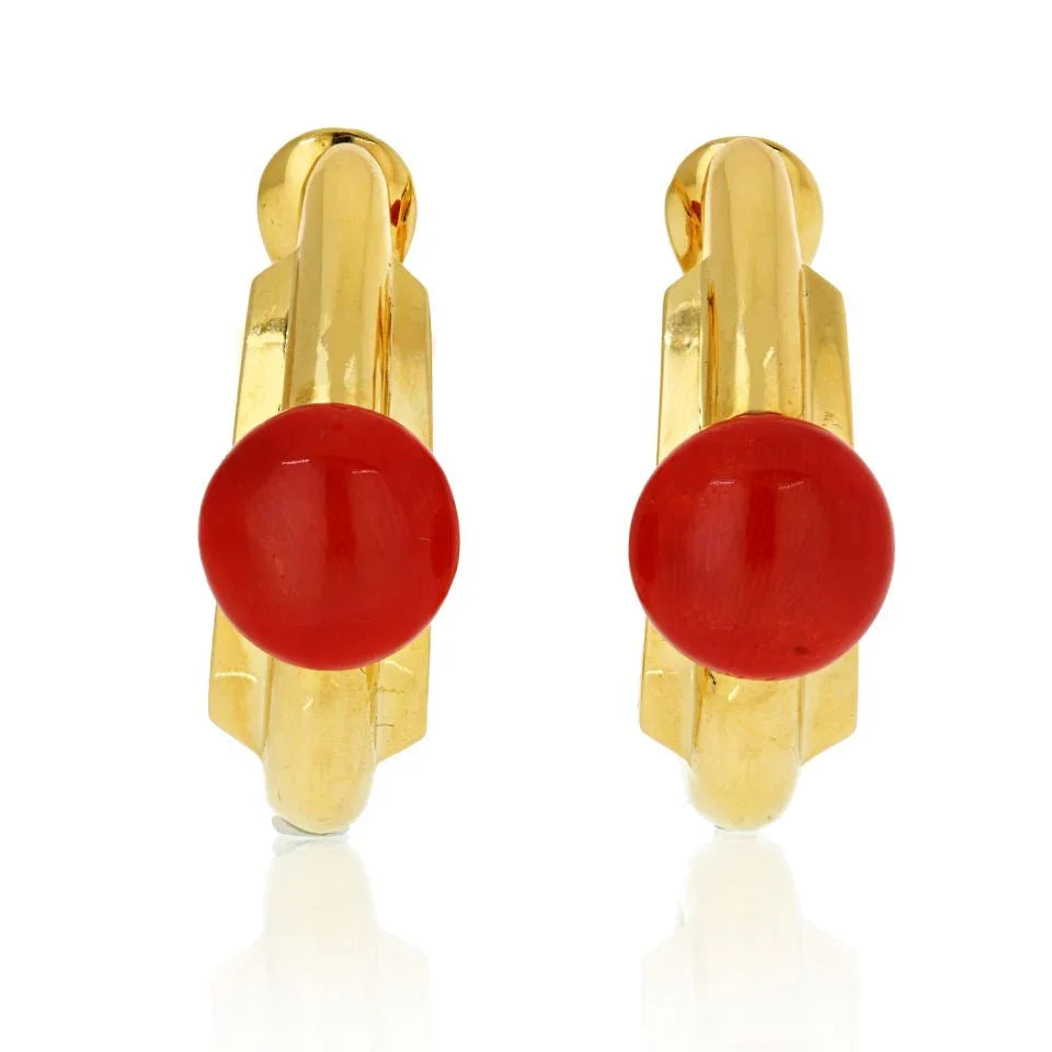 David Webb Coral 18K Yellow Gold Hoop Style Clip-On Earrings — Laura Milman New York