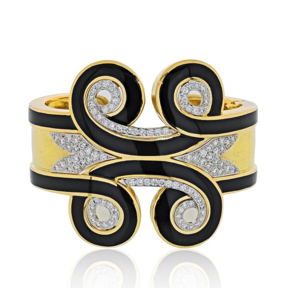 David Webb Platinum & 18K Yellow Gold Arabesque Black Enamel Diamond Cuff Bangle Bracelet — Laura Milman New York