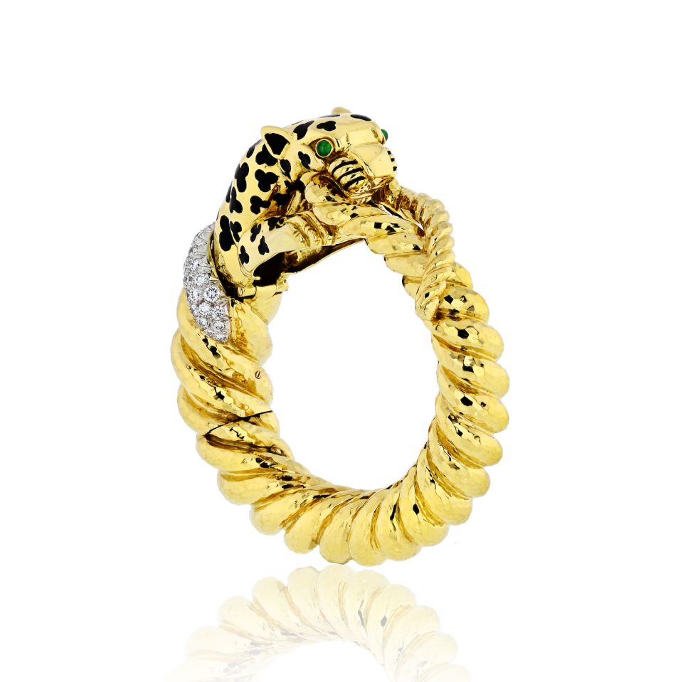 David Webb Leopard Platinum & 18K Yellow Gold Spotted Bangle Diamond Bracelet — Laura Milman New York