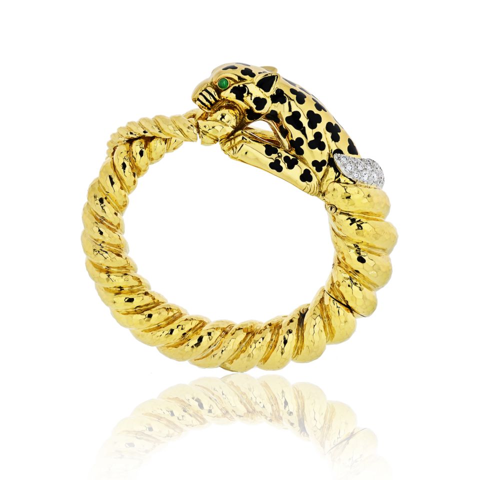 David Webb Leopard Platinum & 18K Yellow Gold Spotted Bangle Diamond Bracelet — view 2 — Laura Milman New York